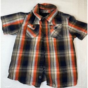 Hurley‎ Boys Size 5 Plaid Button Up Shirt Short Sleeve Orange Black Surf Skate
